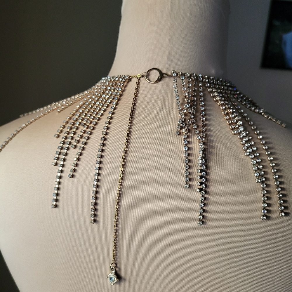 Sparkly Gold & Crystal Tassel Fringe Statement Choker Necklace - Picture 7 of 10